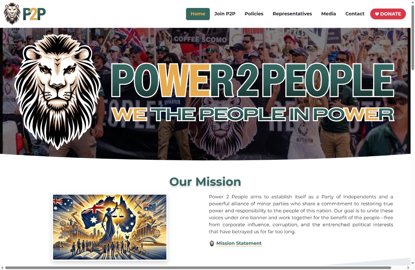 Power2People: Header and two-column Mission Section (preserved site capture, 16 October 2026).
