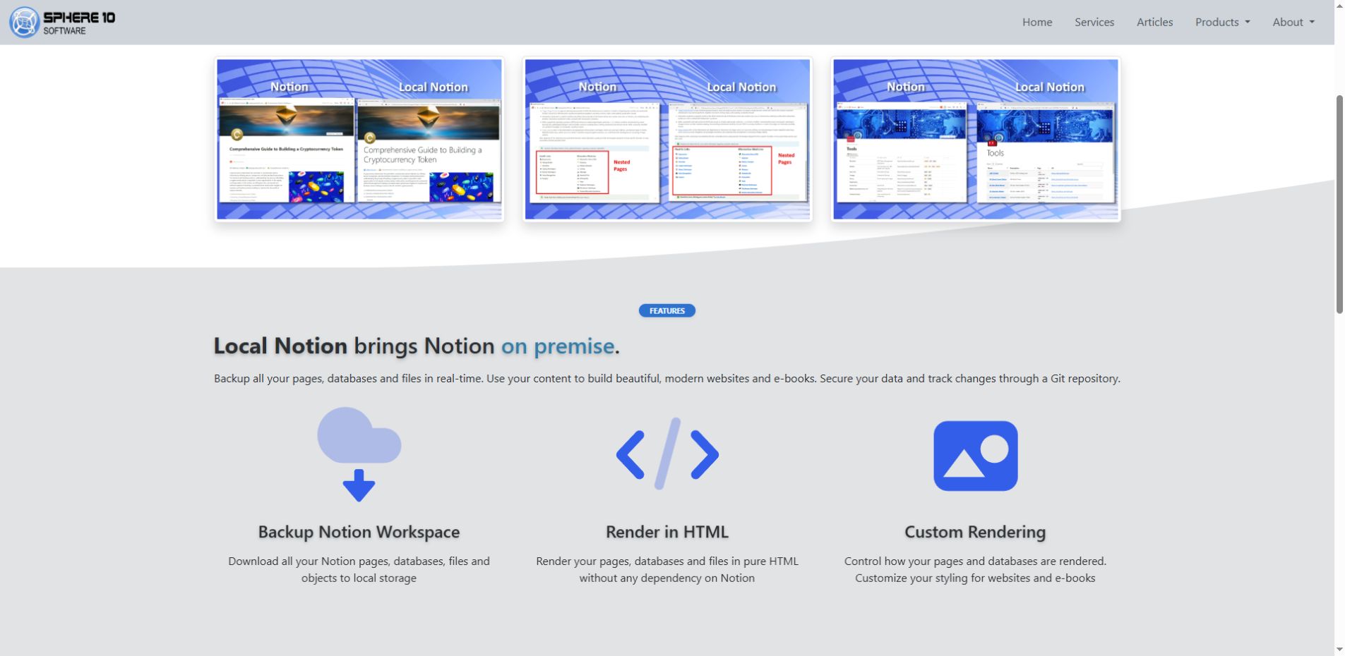The Local Notion staging product page uses three native images with frames, shadows and click-to-enlarge viewing.