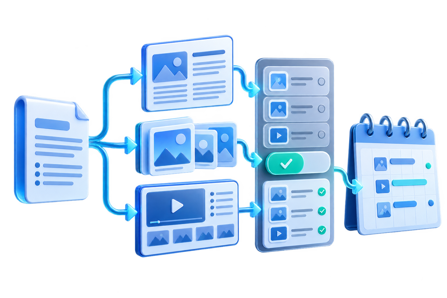 Illustration of source material becoming article, social and video drafts before editorial approval.