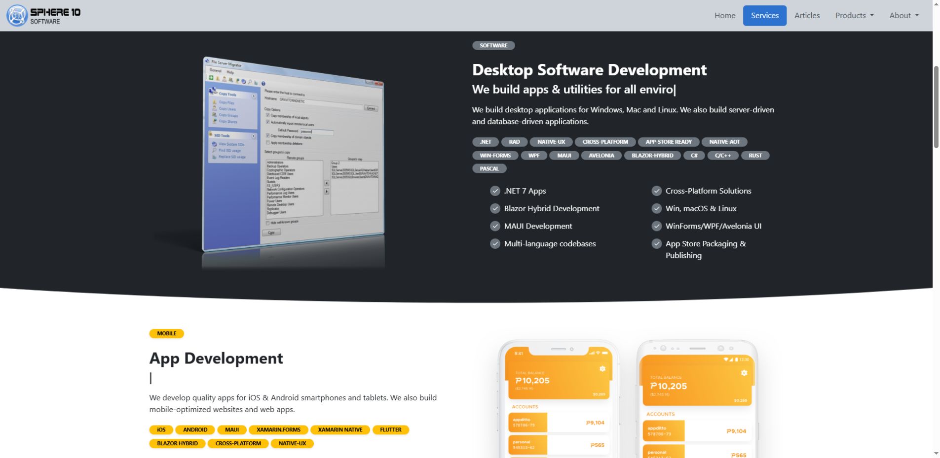 Sphere10’s Desktop Software Development Section combines a dark background, readable light text, accent markers and a curved lower edge.