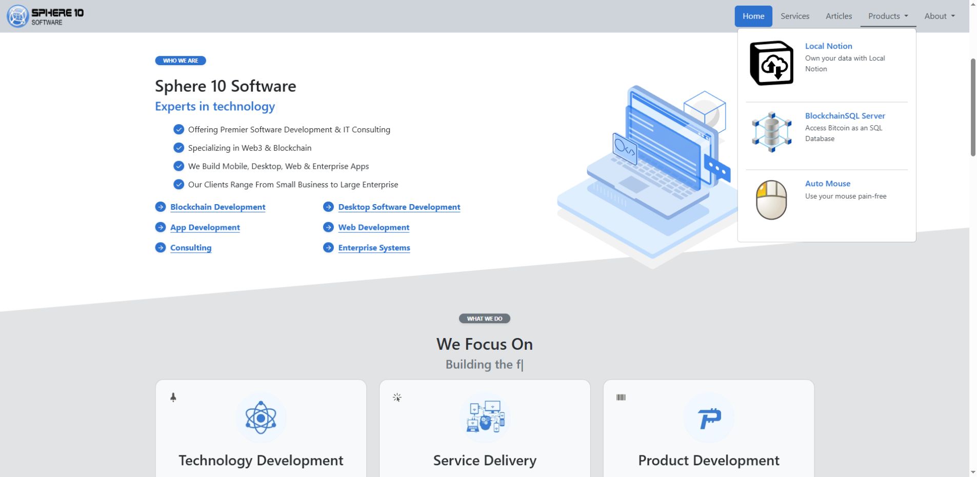 Sphere10’s open Products menu uses NavBar product Callouts with icons, titles and descriptions.