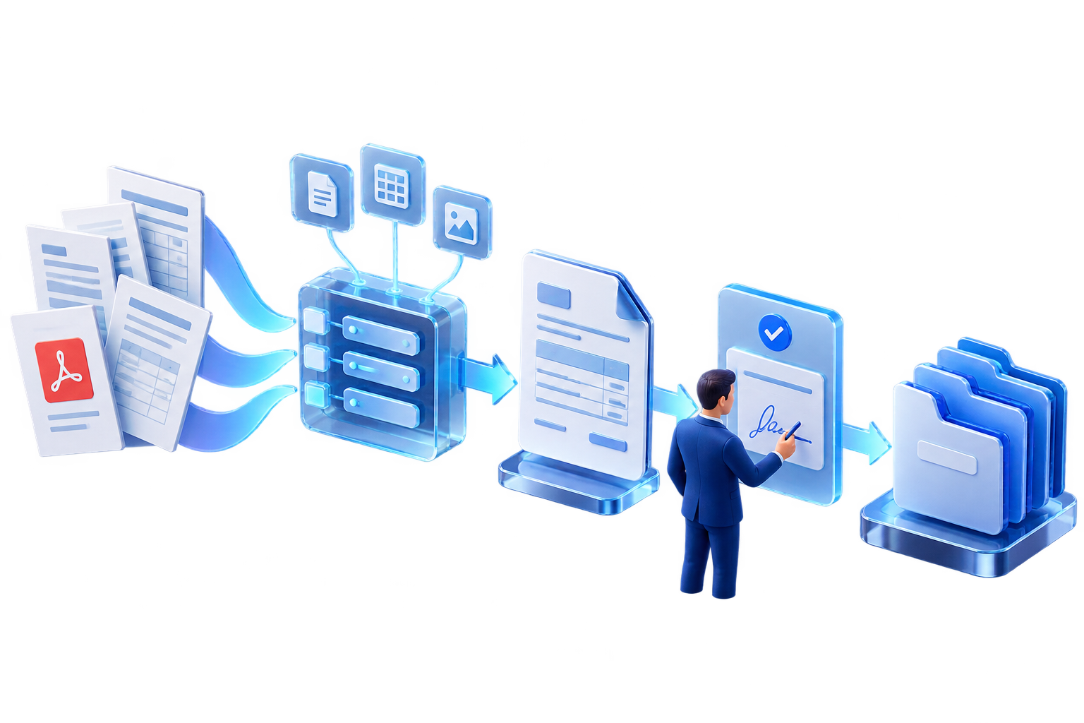 Illustration of document extraction, quotation preparation, signature and filing.