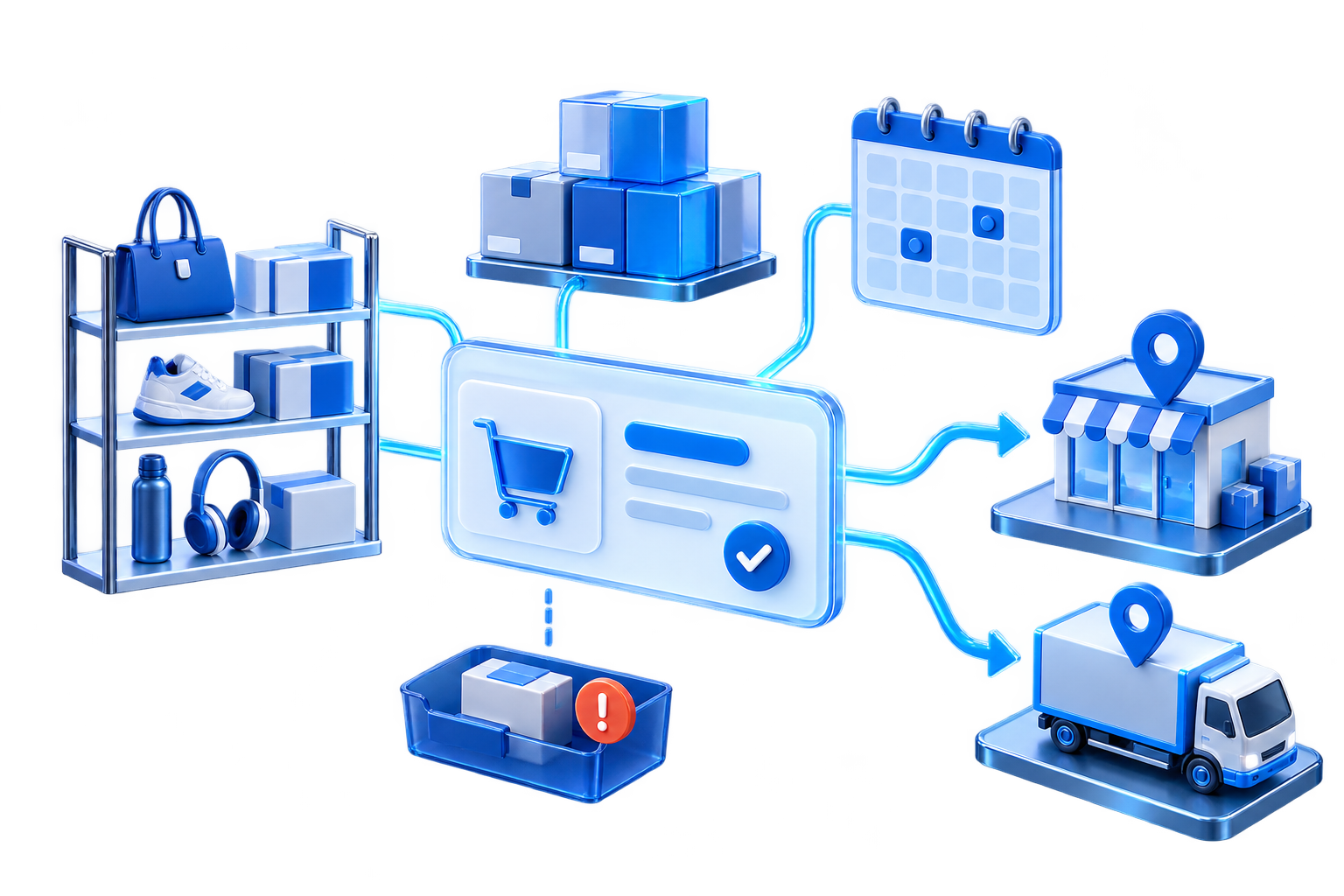Illustration of an order connected to stock, pickup capacity and dispatch destinations.