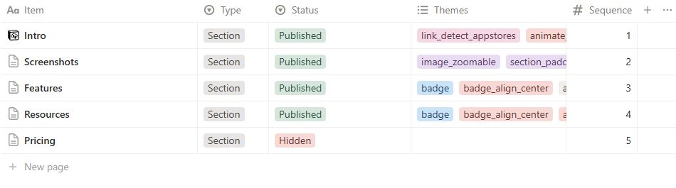 A real CMS database in Notion: sections, themes and publishing controls.