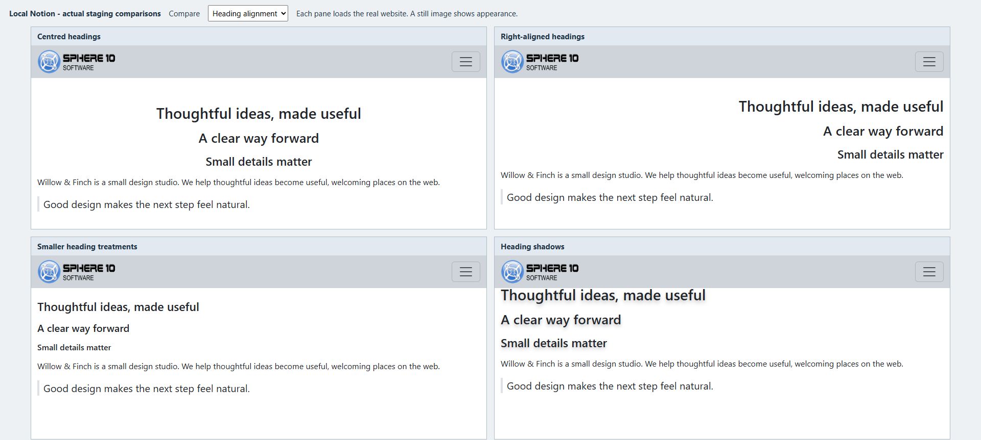 The typography comparison separates heading level, visual size, alignment and colour treatments.