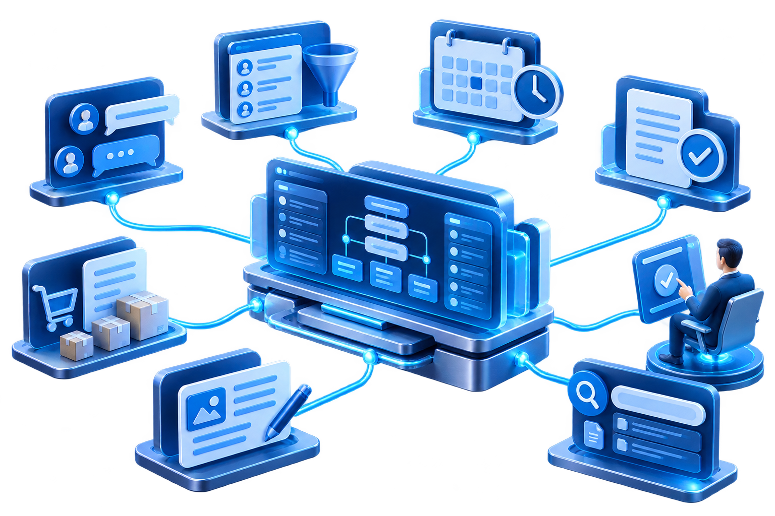 Illustration of connected AI business workflows with an approval checkpoint.