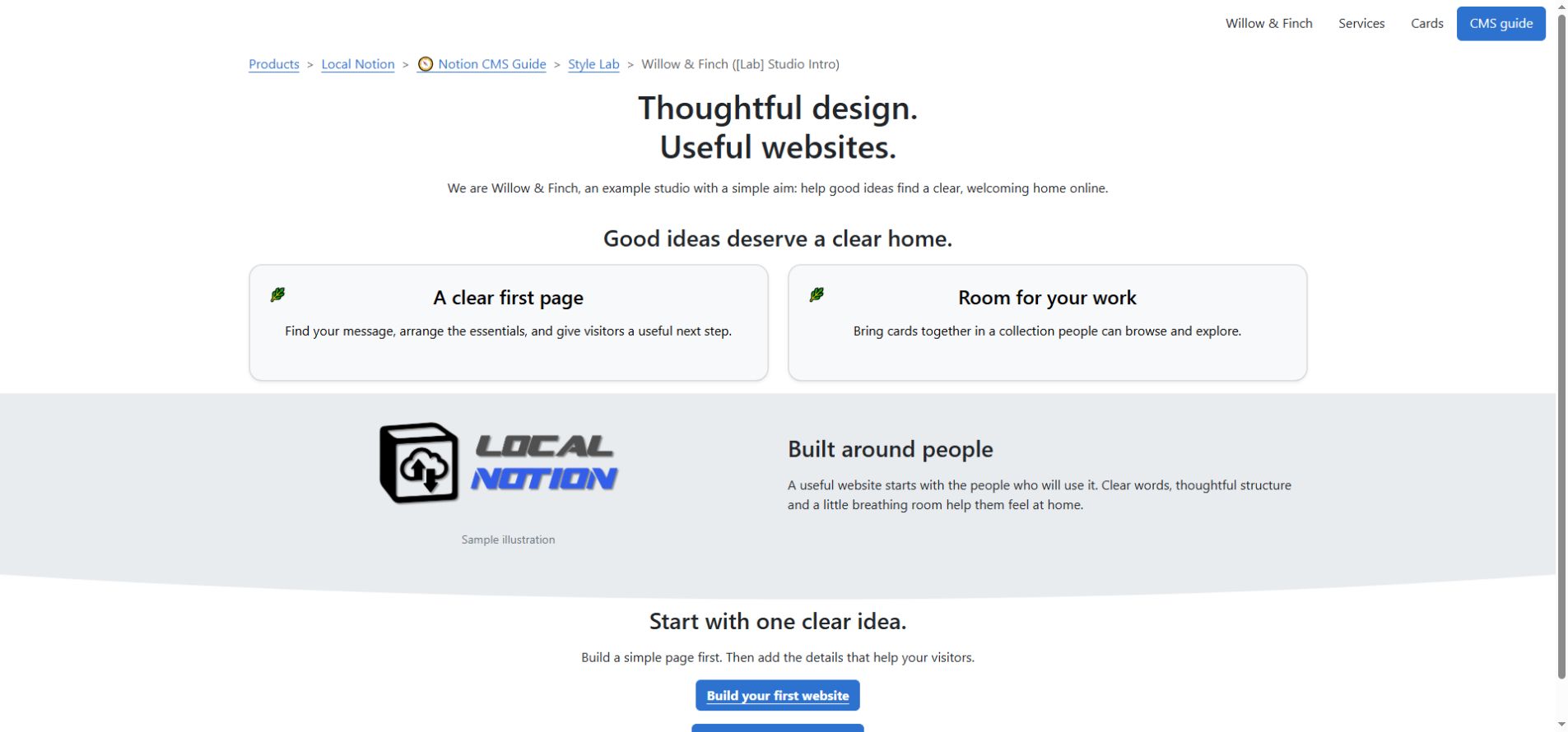 A real staging page assembled from Sections containing text, images and authored callout cards.